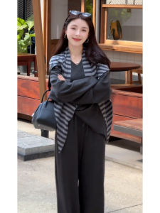 YUEZHONGWEI | Spring Casual Outfit Sweatshirt Stripe Poncho Wide Leg Pants Two-Piece Set