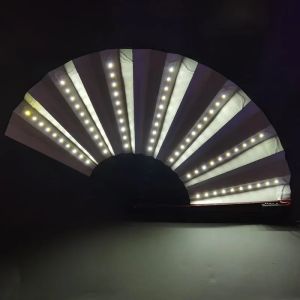Led Light Glowing Fluorescent Fan with Battery Foldable Hand Fan for Night Performance Dance Dj Bar Club Party Decoratio