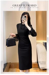 SUYE | Elegant French Long Sleeve Black Midi Dress