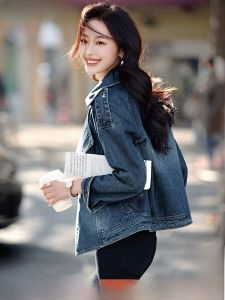 Fashionable Short Collar Denim Jacket Casual Style Spring 2025 Womens Outerwear Comfortable Fit Long Sleeve Polo Collar Coat