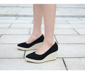 Spring Autumn 2023 Womens Wedge Heel Single Shoes Thick Bottom Waterproof Platform Grass Woven High Heels Pointed Toe Slip-On