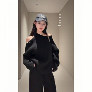 Áo Len Dệt Kim Hở Vai Màu Đen Cho Nữ Mùa Thu Đông Dáng Rộng Thoải Mái Mặc Trong Lớp Lót Áo Dài Tay Dài Thường