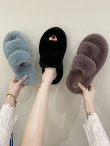 Trendy Womens Outdoor Thick Bottom Fur Slippers Fashionable Autumn Winter Warm Cotton Slippers Sweet Style Medium Heel PVC Outsole