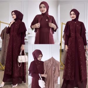 (Jamin RealPict) 2IN1 GEORGINA DRESS INNER + OUTER BRUKAT TILLE PREMIUM / FREE BELT / SET GAMIS MAXI DRESS KONDANGAN PLUS OUTER BROKAT TILE