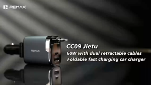 Remax CC09 Jetour 60W Built-in Type-C + Lightning Dual Retractable Cable Foldable Fast Charging Car Charger