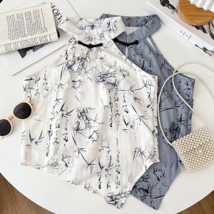 New Chinese Style Retro Print Halter Neck Button Slim Fit Short Vest Top Women Summer Commute Style Floral Patterned Clothing