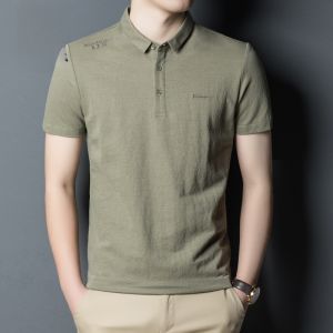 ROMON | Lomond Mens Short Sleeve T-Shirt Summer Thin Business Casual Loose Ice Silk Linen Half Sleeve Collared Polo Shirt Fashion Urban Style