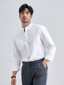 American Henry Collar Workwear Shirt Long Sleeves Men Spring & Fall Business White Stand Collar Shirt Fancy Fashion Cardigan