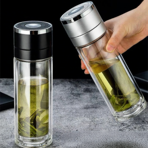 Double Layer Tea Water Separation Glass Cup Quick Open Logo Customization
