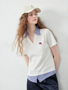 Toyouth | Áo Thun Polo Cổ Dài Thêu Mock Two-piece Tay Ngắn cho Phụ Nữ