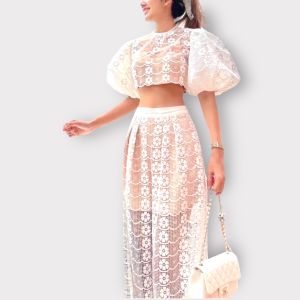Half Puff Sleeve Crew Neck Woven Lace Top And High Waist Pant Set - P010-290 PIMNADACLOSET