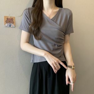 plus Size Asymmetrical Short Sleeve T-Shirt Womens V-Neck Top Korean Style Commute Pure Color Summer Fashion Design