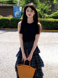 QINWEIYU | Korean Style Sleeveless Vest Blue Dress Women Summer 2025 New Design Splicing Grid Cake Skirt High Waist A-Line Cotton Dress