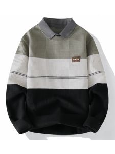 Qiaodi Montblanc High-End Mens Knitted Shirt-Style Sweater Thickened Warm Shirt Collar Striped Fake Two-Piece Winter Fashion City Casual