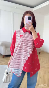NANDO ATASAN VEST MERAH PUTIH KEMEJA WANITA KOREAN STYLE LENGAN PANJANG CUTIE