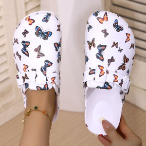 Womens Fashion Wrap-Around Sandals White Butterfly Print Wedge Heel & Thick Sole EVA Material Stylish & Versatile Comfortable S