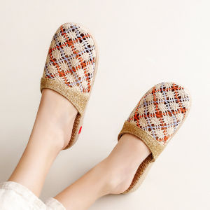 Closed Toe Cotton Yarn Cut Out Linen Slippers Womens Indoor Non Slip Soft Bottom Home Shoes Home Sandals Thick Sole K-style Summer