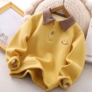 เสื้อสเวตเตอร์คอปกพับหนาแบบสวมหัวสำหรับเด็กผู้ชาย ฤดูใบไม้ร่วง/ฤดูหนาว เสื้อโปโลแฟชั่นเกาหลี อบอุ่น เสื้อผ้าเด็ก ผ้าฝ้ายผสมโพลีเอสเตอร์