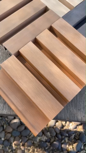 ผนังตกแต่งไม้เทียม WPC ภายนอก เซาะร่อง ASA ผิวคัดเสี้ยน สีสัก ขนาด 25mm.x219mm.x3.0M. (ขอบังคับตัดความยาวถึงจะส่งได้)