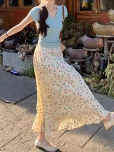 French Style Floral Chiffon A-Line Mini Skirt High Waist Womens Summer 2024 Vintage Slimming Midi Skirt Commute Friendly