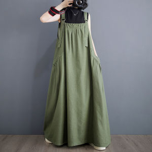 Summer Large Size Womens Dress Sleeveless Long Vintage Loose Slim Cotton Linen Strap Casual Long Skirt Style One Piece Dress