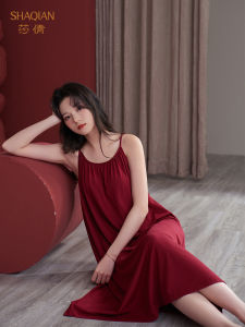 Shaqian Summer Sleepwear Womens Modal Cotton Chemise Nightgown with Chest Pad Home Clothes Red Lucky Year Long Dress