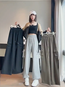 Womens Multi-pocket Cargo Pants Solid Color Straight Leg Wide Leg Sweatpants Jogger Pants Trouser for Women