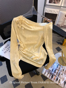 Áo Thun Tay Dài Nhung Một Bên Vai Thiết Kế Hoa Nổi Bó Eo Mùa Xuân Phong Cách Pháp TINIKENG Thời Trang Chống Nắng Cho Nữ