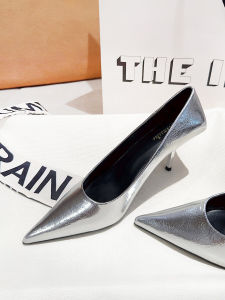 รองเท้าส้นสูงสีเงินสำหรับผู้หญิง ทรงหัวแหลม ด้านในทำจากหนังไนลอน ด้านนอกทำจากหนัง PU รองเท้าส้นสูงสำหรับใส่ไปทำงาน