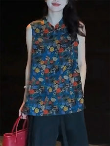 QINGNAER | Slimming Plus Size Color Block Printed Stand Collar Sleeveless Blouse Shirt