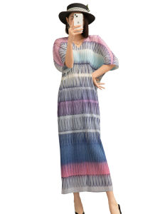 เดรสขนาดพิเศษ 20230466 พิมพ์ลายวินเทจ ร่วมกันกับคอวีจีบแขนยาว