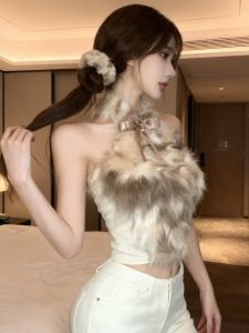 GUZILIAN | Bow Tie Faux Fur Spliced Off-Shoulder Halter Sleeveless Crop Top