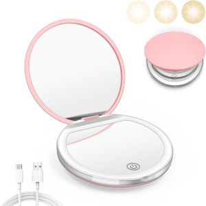 Compact Mirror with Light 1X/3X Magnification LED Pocket Mirror with USB Data Cable Pink Mini Mirror for Purse PocketTravel