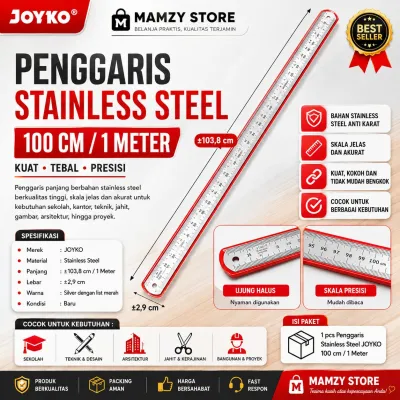 Penggaris besi stainless steel Joyko 100 cm (1 meter) untuk sekolah dan kantor.