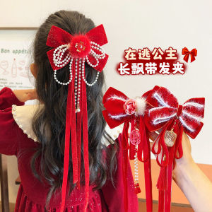 Childrens New Year Hair Accessories Butterfly Knot Tassel Hair Clip Fairy Tale Princess Red Year Headwear Girls Fashion