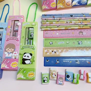 PAKET PENSIL ALAT TULIS 5 IN 1 MOTIF KARTUN LUCU GEMAS WARNA PASTEL AESTHETIC