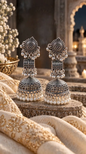 [SG] Chandrika Royale Silver Jhumka Earrings | Antique Silver Oxidised Indian Traditional Earrings | Floral Pearl Bead Jhumka | Long Dome Drop Earrings | Saree Lehenga Anarkali Festive Wear | ear me out (EMO-383)