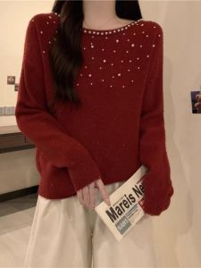 WANGGONGZHU | Heavyweight Beaded Knitted Base Shirt Womens Autumn Winter New Year Red Retro Large Size Anti-Aging Design Sense Top