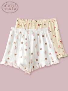 Summer Thin Pure Cotton Bubble Cotton High Waist Home Shorts Sleepwear Womens Cartoon Bear Cherry Lace Trim Short Pants