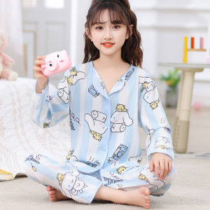 Childrens Cotton Silk Sleepwear Long Sleeve Thin Home Clothes for Spring Summer Autumn Girls Air Conditioning Suit Breathable Moisture Wicking