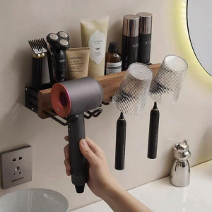 Bathroom Organizer Wooden Toothbrush Mug Holder Hair Dryer Hanger No Drilling
