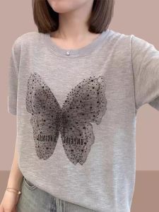 Womens Short Sleeve Bamboo Rayon T-Shirt Ice Silk Knitted Top Loose Casual Style Summer Fashionable Versatile round Neck Print Tee