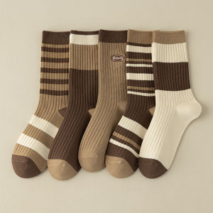 Womens Mid-Calf Striped Socks 5 Pairs Pure Cotton Breathable Anti-Odor Long High Waist Matching with Barbie Pants Trendy
