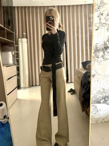 Quần Ống Rộng Cạp Thấp Dài 180cm Màu Kaki Mỹ Cho Nữ Quần Dài Thường Ngày Rộng Rãi