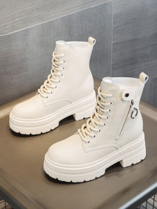 Womens Martin Boots Increased Height Inner Fall Winter Fleece Leather Short Thick Bottomed Boots round Toe High Heel