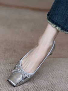 Meneer-M Silver Ballet Flats Womens Metal Lambskin Slip-On Shoelace Knot Casual Shoes Low Heel Rubber Outsole Daily Wear