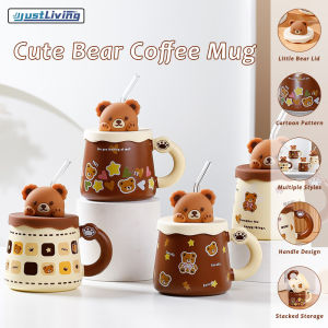 JustLiving Cute Coffee Bear Mug Cup with Lid Milk Mug Ceramic Mug 420ml Cawan Kopi Seramik Comel Bear Dengan Penutup Dan Sudu/Version of The Large-capacity Mug with Straw Drinking Cup Gift Boxed