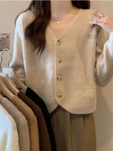 Spring Autumn 2024 New V-neck Versatile Knitted Open Cardigan Sweater Women Short Style Sweet Pure Color Long Sleeve Top