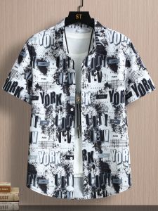 เสื้อเชิ้ตแขนสั้นผ้าไหมน้ำแข็งสำหรับผู้ชาย ทรงหลวม สไตล์เกาหลี แฟชั่นฤดูร้อน ปกโปโล ผ้าฝ้ายผสมโพลีเอสเตอร์