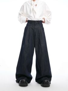 Loose Wide Leg Mens Denim Jeans Raw Hues Vintage Pleated Bootcut Trousers Heavyweight Natural Color Casual Straight Fit Long Pants